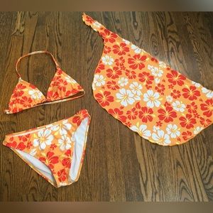 Shein 3 piece Girls Floral Print Halter Bikini Swimsuit & coverup sz 11-12Y